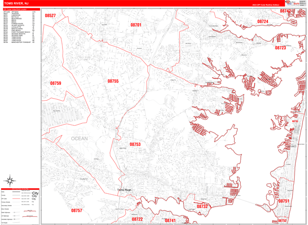 Toms River City Wall Map Red Line Style
